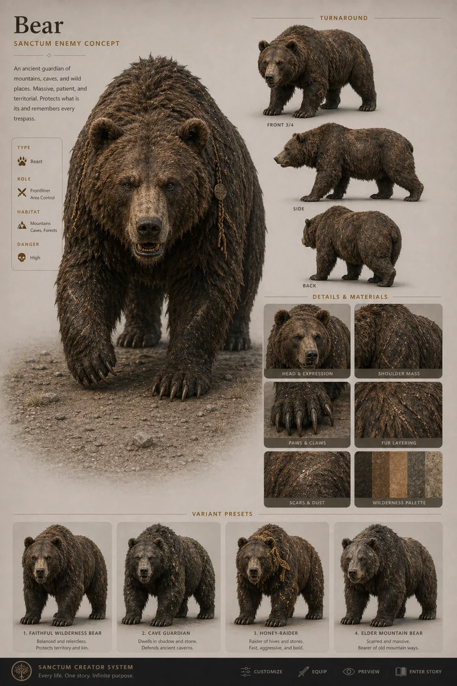 First-pass accepted Sanctum Bear creature concept sheet