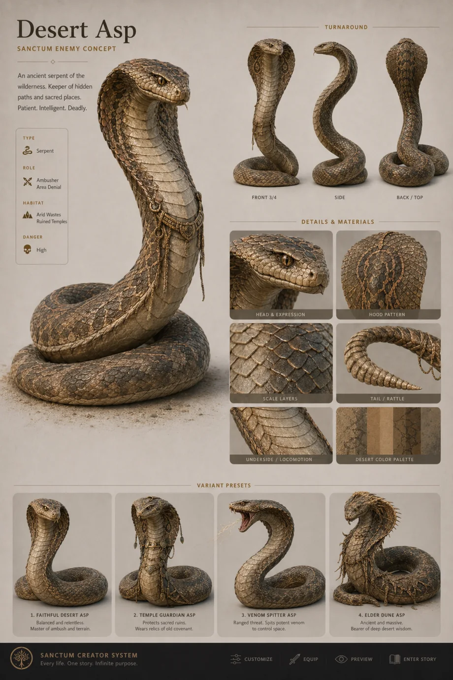 First-pass accepted Sanctum Desert Asp enemy concept sheet