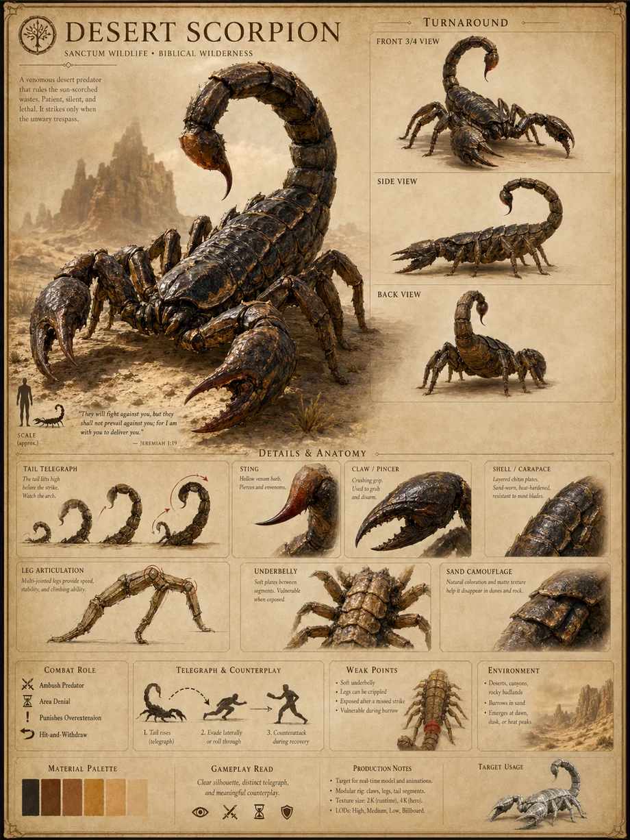 First-pass accepted Sanctum Desert Scorpion enemy concept sheet