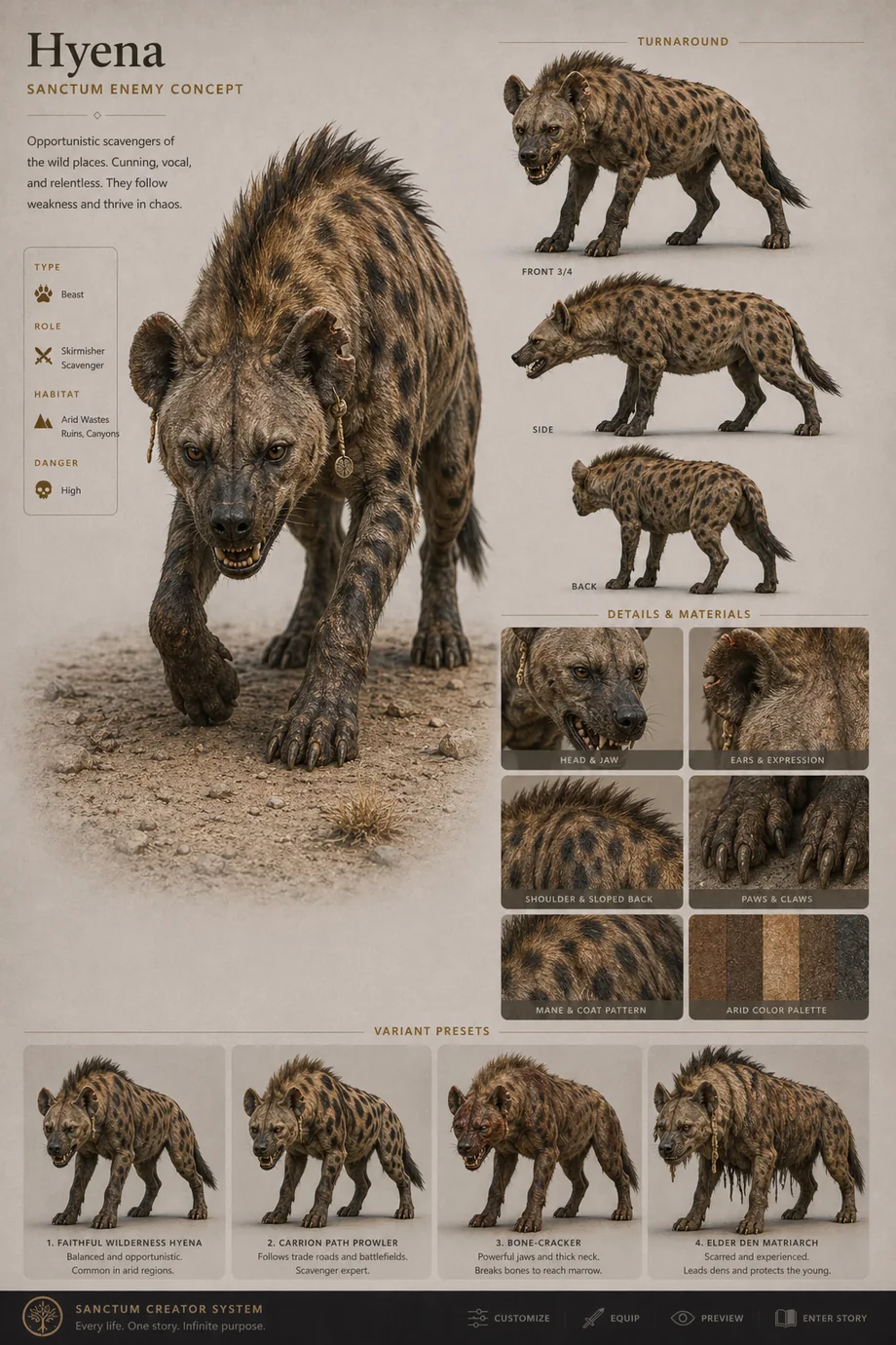 First-pass accepted Sanctum Hyena creature concept sheet