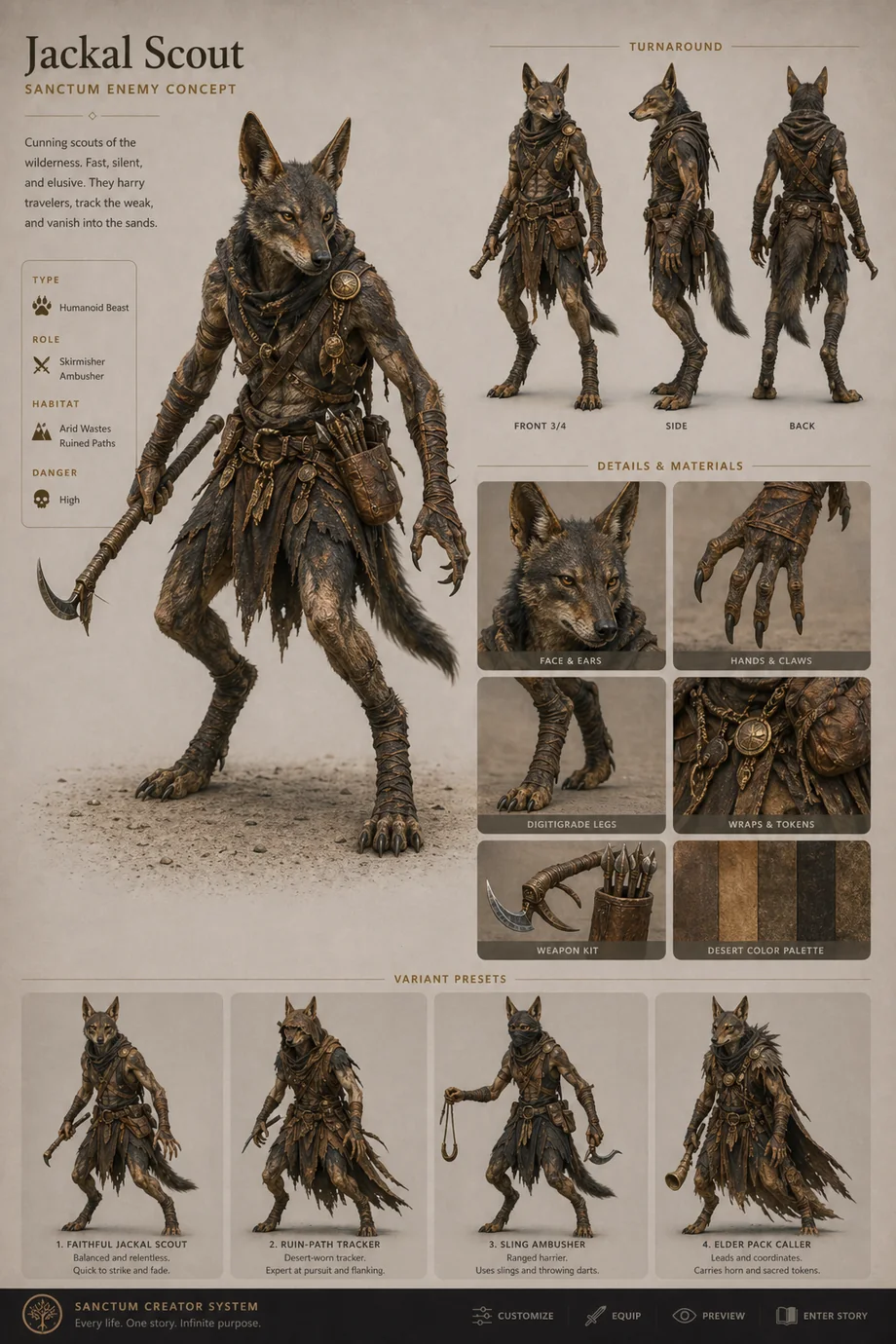 First-pass accepted Sanctum Jackal Scout enemy concept sheet