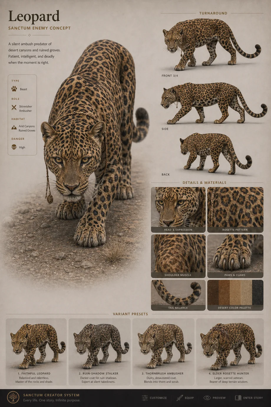 First-pass accepted Sanctum Leopard creature concept sheet