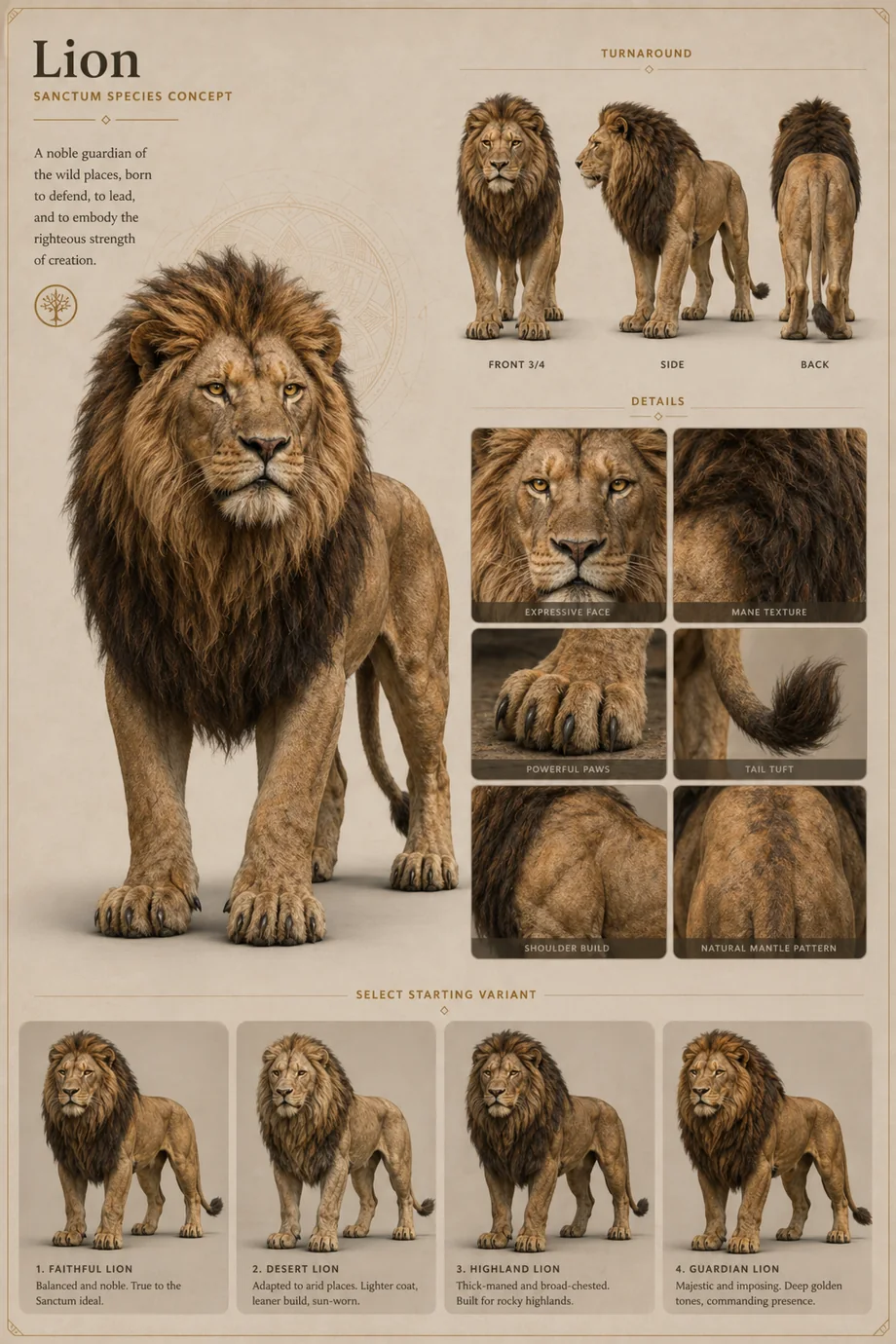 First-pass accepted Sanctum Lion creature concept sheet