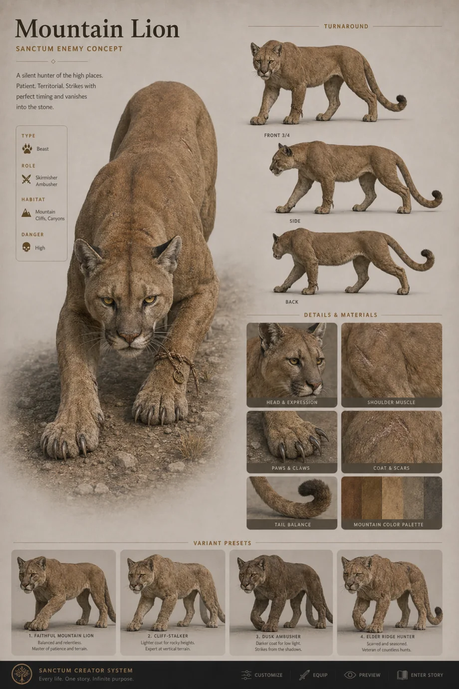 First-pass accepted Sanctum Mountain Lion creature concept sheet