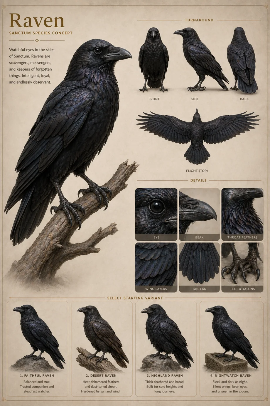 First-pass accepted Sanctum Raven creature concept sheet