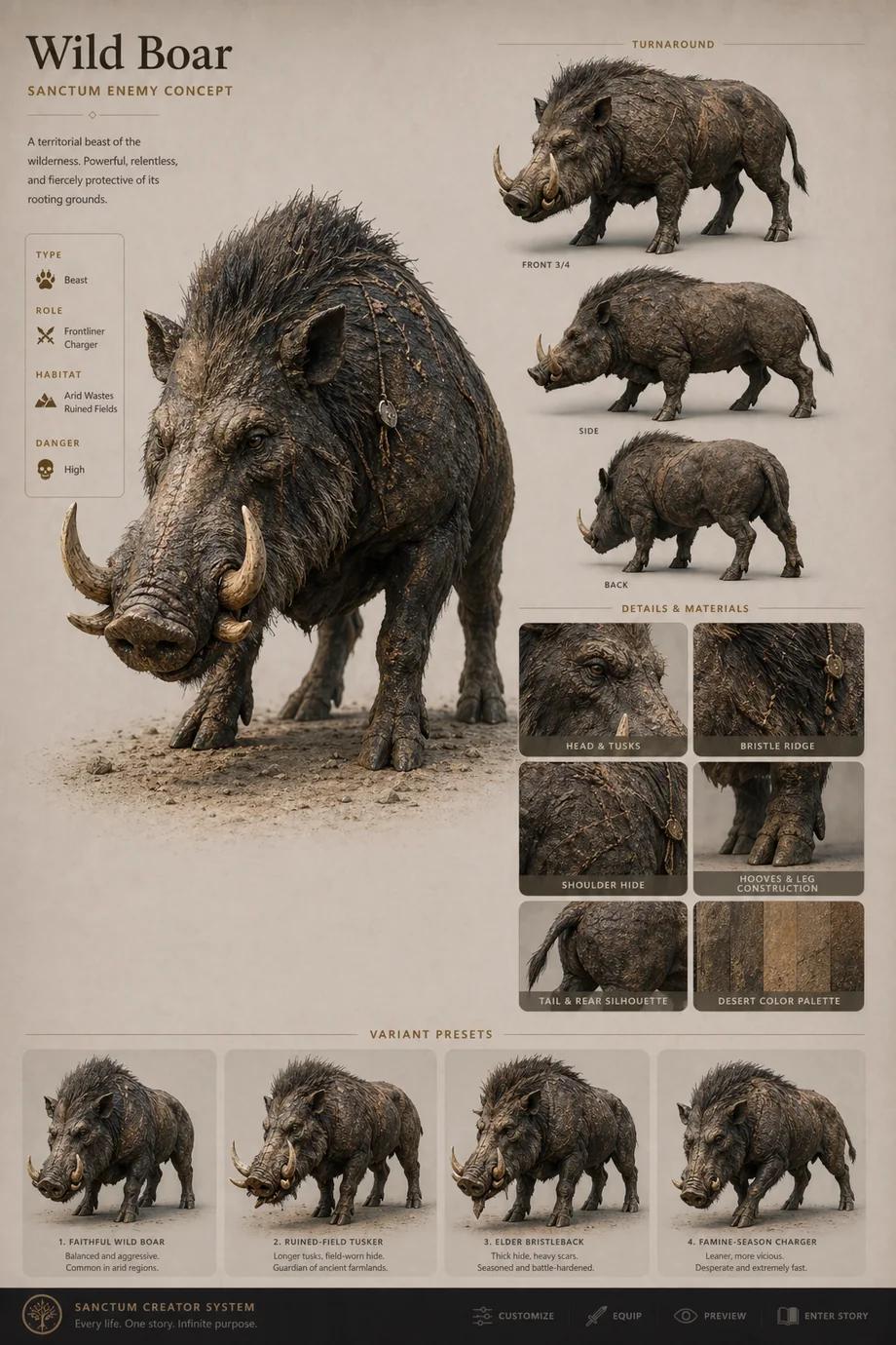 First-pass accepted Sanctum Wild Boar creature concept sheet