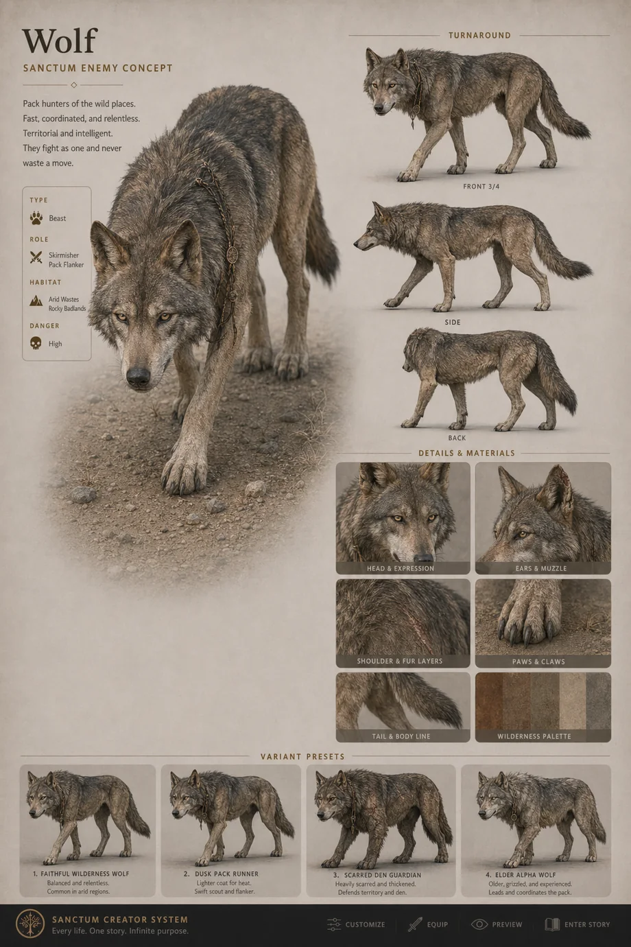 First-pass accepted Sanctum Wolf creature concept sheet